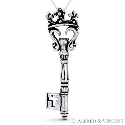 Monarch Crown Royal Skeleton Key-to-Heart Charm Pendant in .925 Sterling Silver