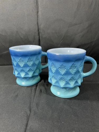 Vintage Anchor Hocking Fire King Coffee Mugs Set Of 2 Blue Kimberly Diamond