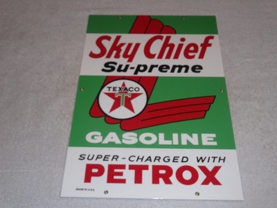 VINTAGE TEXACO SKY CHIEF SUPREME GASOLINE W/ PETROX 18'' PORCELAIN METAL OIL SIGN
