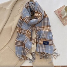 Blue Plaid Scarf Cashmere Feel Soft Winter Shawl Wrap Fringe 20 x 79 in