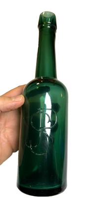 Antique JSP Medicinal Malt Bottle Emerald Green Applied Glass Monogram New York