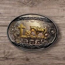 Christian Cowboy Belt Buckle For Man 4 3/8" x 3 1/8" Silver Tone/Black/Gold