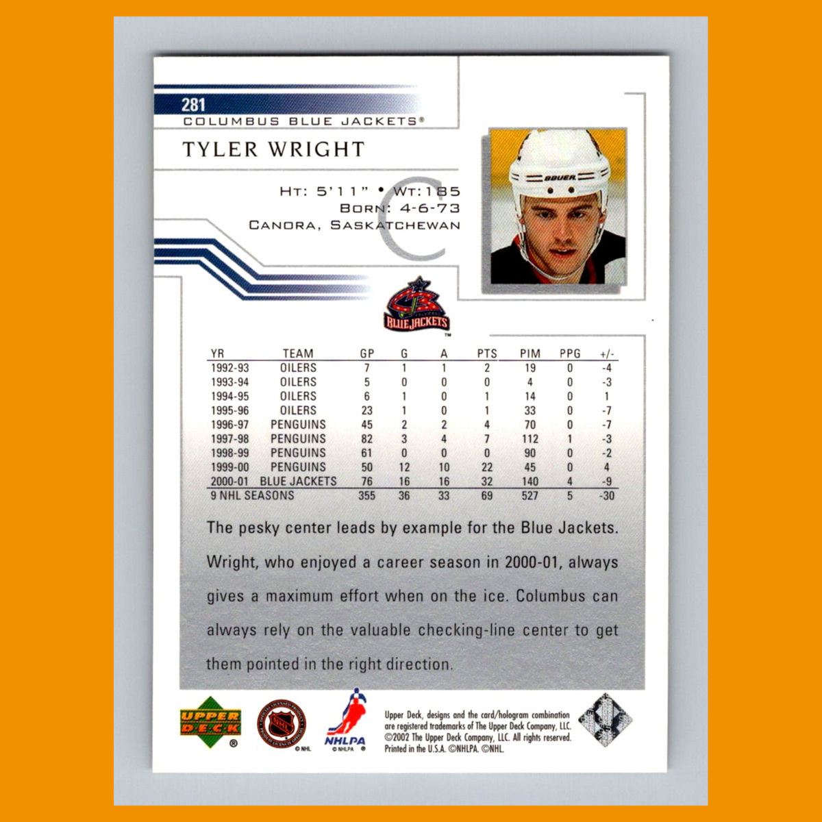 Tyler Wright #281 2001 Upper Deck Columbus Blue Jackets Hockey