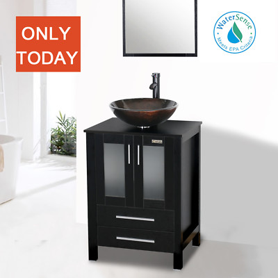 Black Bathroom Vanity 24 inch Single Top Wood Vessel Glass Sink Faucet No Mirror