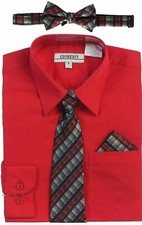 Boys Dress Shirt Solid Red Long Sleeve Short Sleeve Tie Bow Tie All Sizes 2T-18