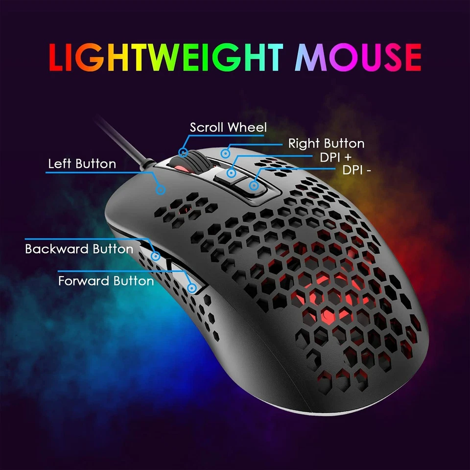 Ultralight Wired Ergonomic Gaming Mouse RGB Backlit Lightweight Honeycomb Shell - Image 3 of 4