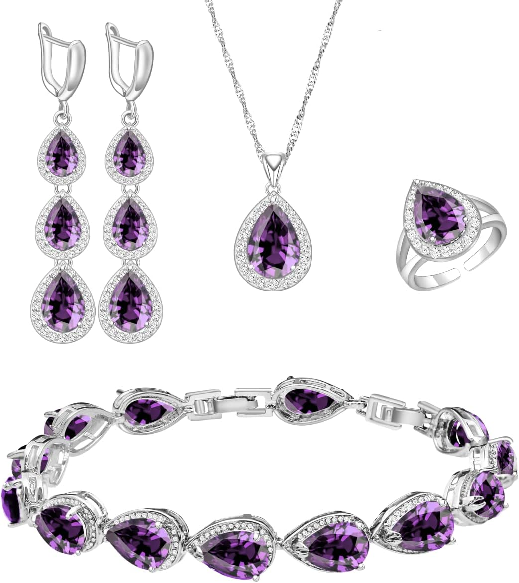 White Gold Plated Blue Sapphire Jewelry Set with Necklace Earrings and Bracelet-image