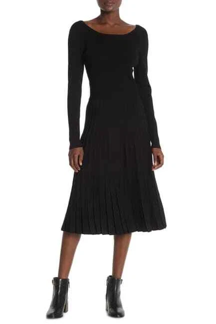 NUOVO abito a pieghe Tory Burch Florence lavorato a maglia midi nero taglia L #D3276