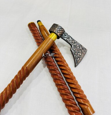 Antique Axe Viking Walking Stick Canes Red Wood Two Fold Unique Design Handle