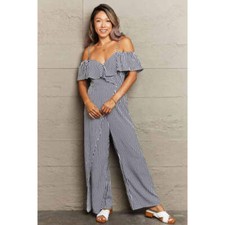 Striped Spaghetti Strap Cold-Shoulder Jumpsuit
