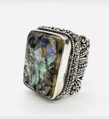 Large SARDA Sterling Silver & Carved Abalone Shell Ring 19gm Vintage Jewelry