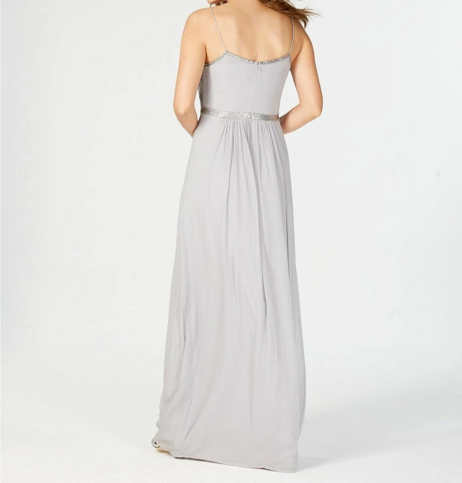 Nuevo $399 Vestido Adrianna Papell Para Mujer Plateado Lentejuelas Cuentas Gasa Talla 8 Foto 2 de 3