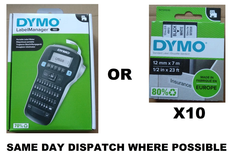 Dymo LabelManager 160 Etikettendrucker oder D1 schwarz auf weiß 12mm x 7m x 10 Label