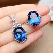 New 2pc Set Gemstone Ocean Blue Topaz Women Silver Necklace Pendant Rings