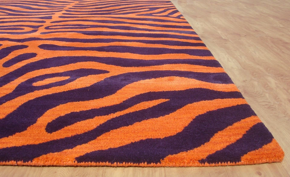 Zebra Orange Purple Modern Handmade Hand-Tufted 100% Wool Area Rug Carpet - Image 3 of 4