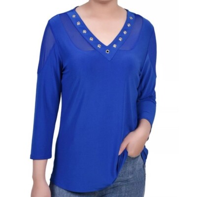 NY COLLECTION Womens Petite Long Sleeve Top with Mesh Insets Surf the Web PS NWT