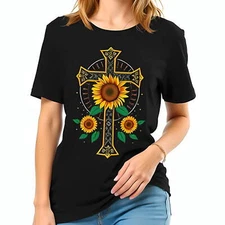 Ornate Cross   T-Shirt with Sunflowers - Relaxed Fit Short Sleeve-All cotton--