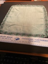Vintage Ladies Handkerchief Green with white  green crochet edge 11" square