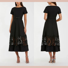 NWT MAC DUGGAL [ XL ] 81206 Crepe Boat Neck Midi Dress With Belt Black J1917