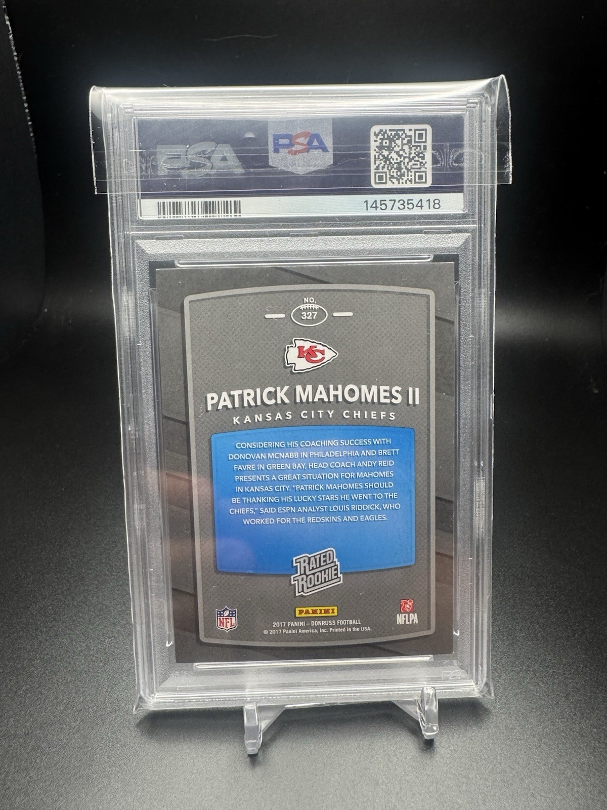 2017 Panini Donruss #327 Patrick Mahomes II RC Rated Rookie PSA 7 view 2