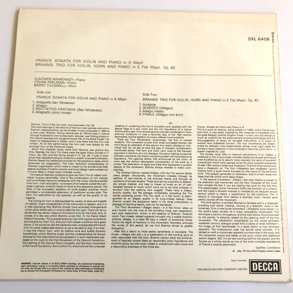 SXL 6408 Franck Violin Sonata Brahms Trio Ashkenazy Perlman Decca Stereo Vinyl - Image 2 of 4