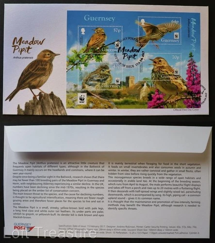 Guernsey Stamps: "Meadow Pipit" 4 Value Souvenir Sheet First Day Cover 2017
