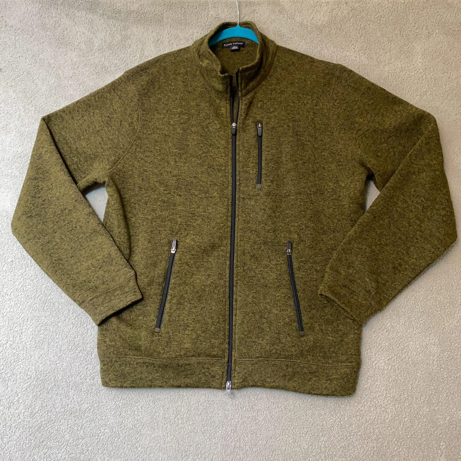 Tailor Vintage Jacket Mens Large Olive Green Full Zip Sweater Fleece Heather