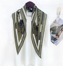 70% Cashmere 30% Silk Neckerchief 117X42cm Square Green strip Print Scarf Shawl 