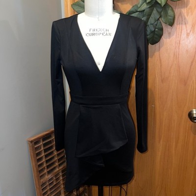 Lulus Mini Dress Womens S Black New Long Sleeve Deep V-Neck Ruffle Bodycon