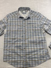 REI Mens L Long Sleeve Button Down Gray Plaid Vented Hiking Fishing Shirt Large