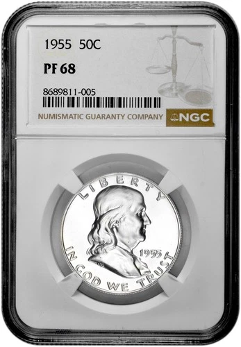 1955 50C Proof Silver Franklin Half Dollar NGC Graded PF 68 in New Holder