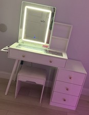 White Vanity Set 37x15x56 Rectangular Sliding Mirror W Led Lights, 4Dr, W/Stool