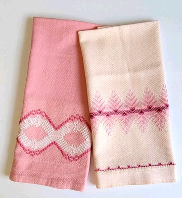 Vintage Lot 2 Swedish Embroidery Huck Weave Hand Tea Towels Dark & Light Pink