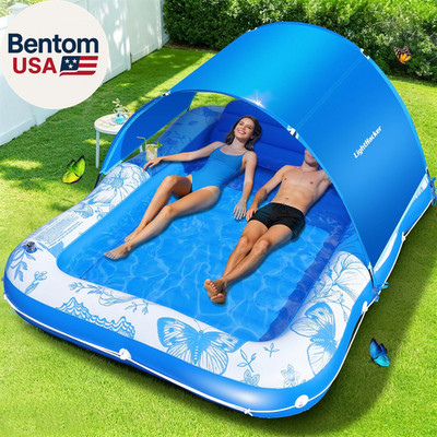 81''X60'' Inflatable Tanning Pool Lounger Float with Canopy for Adult,Large Blow u