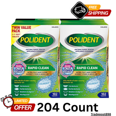 Polident Denture Cleanser Tablets Rapid Clean Antibacterial, 2 Boxes, 204 Count