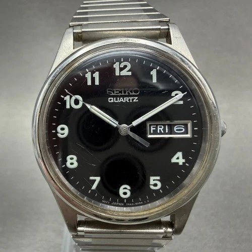 Seiko Watch Men 35mm Black Dial Silver Tone Daydate Round 7N43-8A39 New Battery