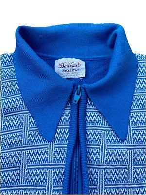 VTG 60s Donegal Knit Coleseta Zip Polo Shirt Blue White Mad Men