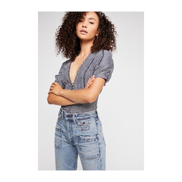 Free People Ivy Gingham Top Size Large Navy Blue White Puff