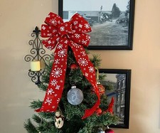 White Snowflake Christmas Wreath Bow - 10" Wide, 18" Long Pre-Tied Bow, Red