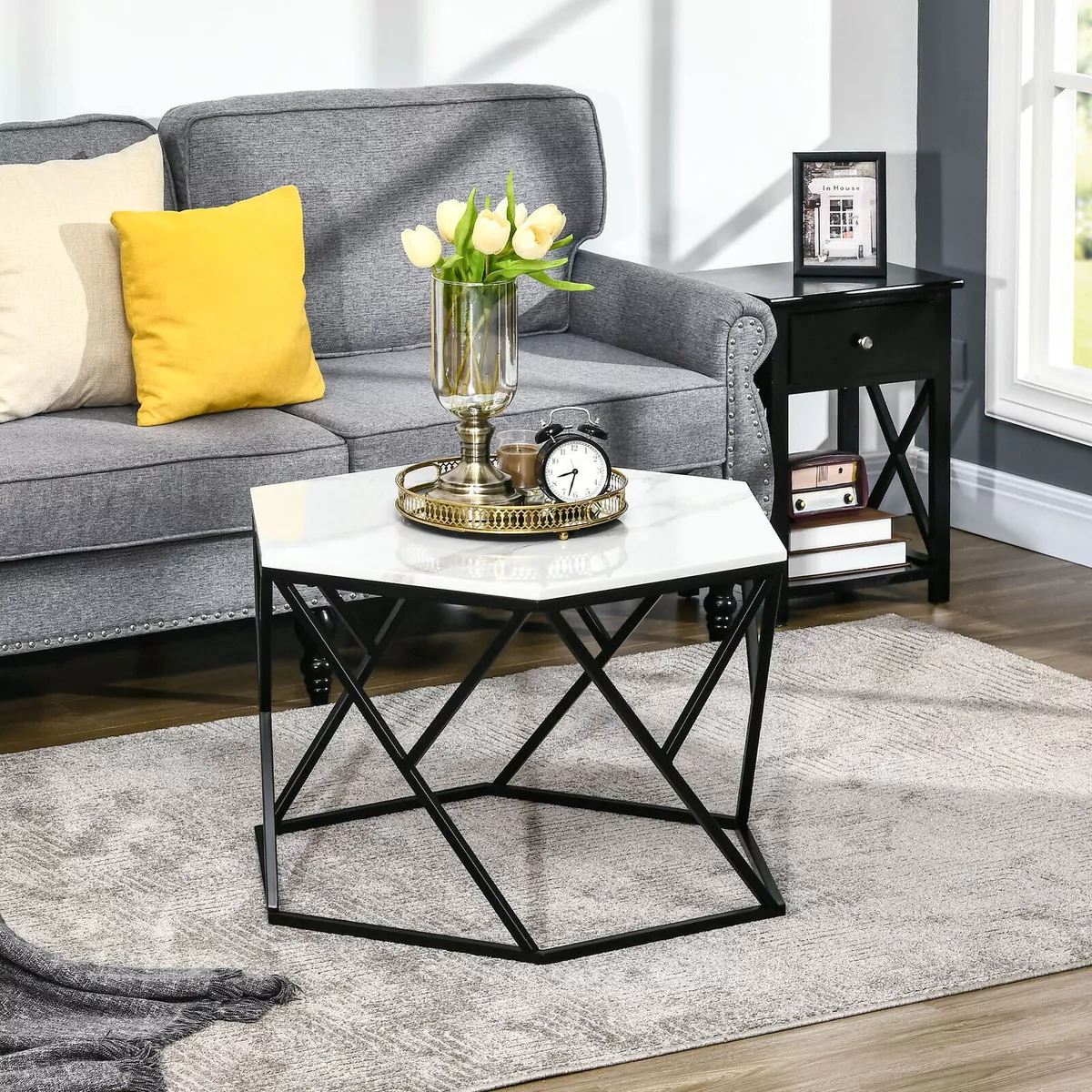 White High Gloss Modern Coffee Table Marble Look Top Black Metal