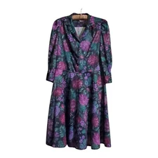 Vtg 80s California Looks Womens Secretary Dress 12 Dramatic Purple Floral 
