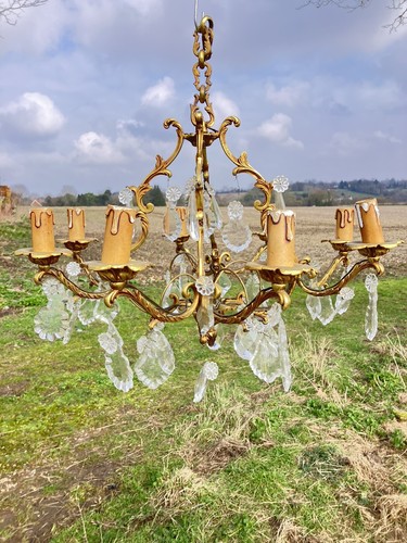 Antique French Decorative Brass And Crystal Chandelier - Picture 4 of 16