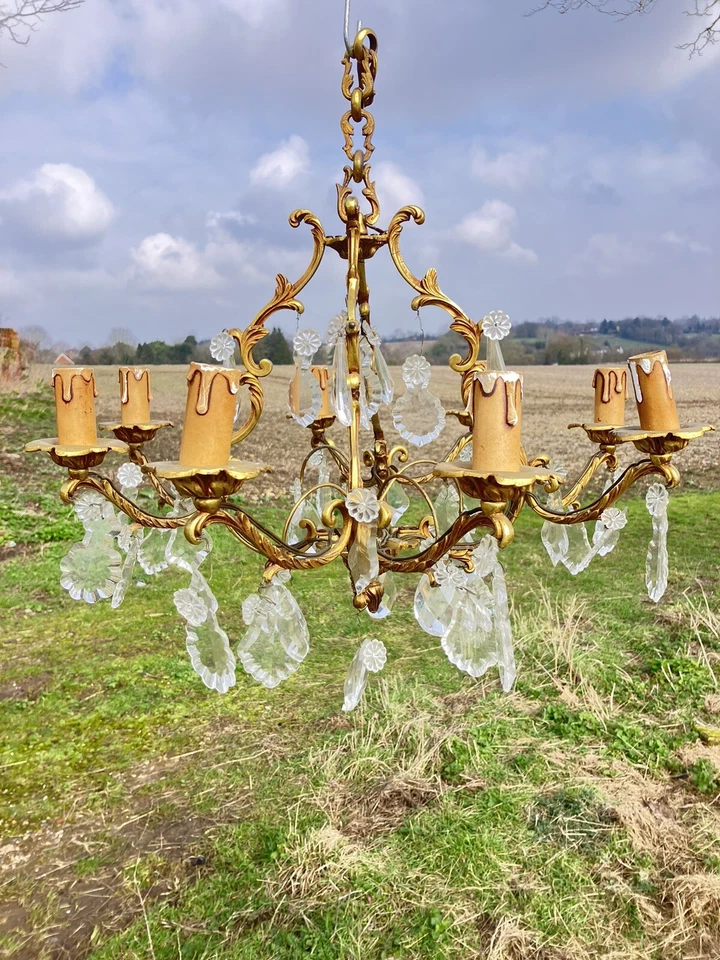 Antique French Decorative Brass And Crystal Chandelier - Image 4 of 4