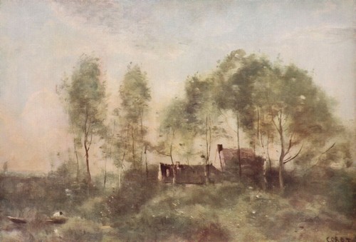Original 1901 Jean-Baptiste Corot Antique 125 yr Old Print THE FISHERMAN'S HUT - Afbeelding 2 van 2