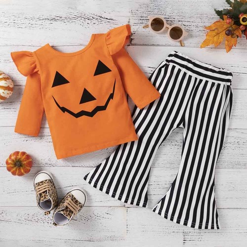 Halloween Kids Baby Girl Clothing Pumpkin Print Long Sleeve T-shirt+Flare Pants - Picture 2 of 7