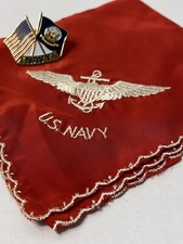 Vintage Silk US Navy Hankerchief Red Square Scalloped Edges  US Flag/Navy Pin