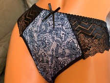 Nwot shiny Blue Nylon satin and Black lace thong panties vtg style Sz Medium