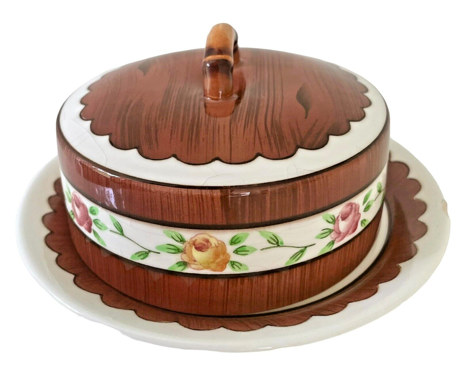 Orchard Ware Lidded Cheese Keeper Woodgrain Design Roses PY Japan