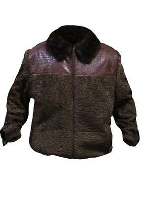 Brown Real Karakul Fur Bomber Jacket Leather Trim Real Mink Fur Collar Coat
