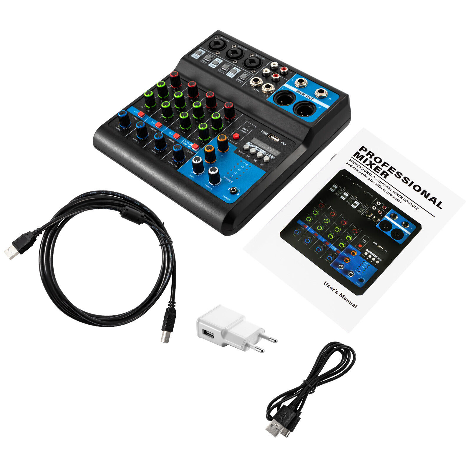 5-Kanal USB Schnittstelle Mischpult Live Studio Audio DJ Mixer Soundboard 